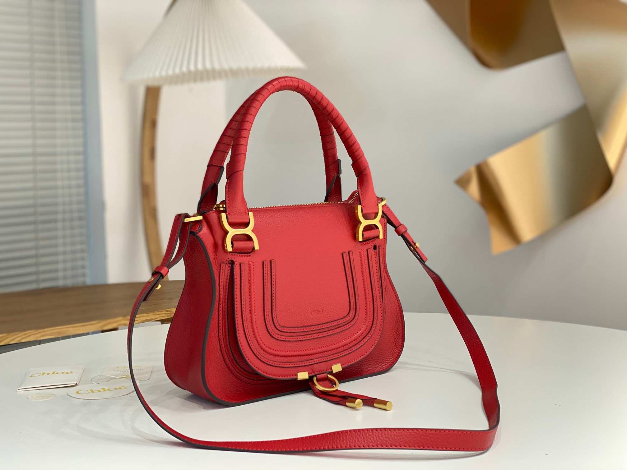 Chloe Small Marcie Bag In Red Grained Leather